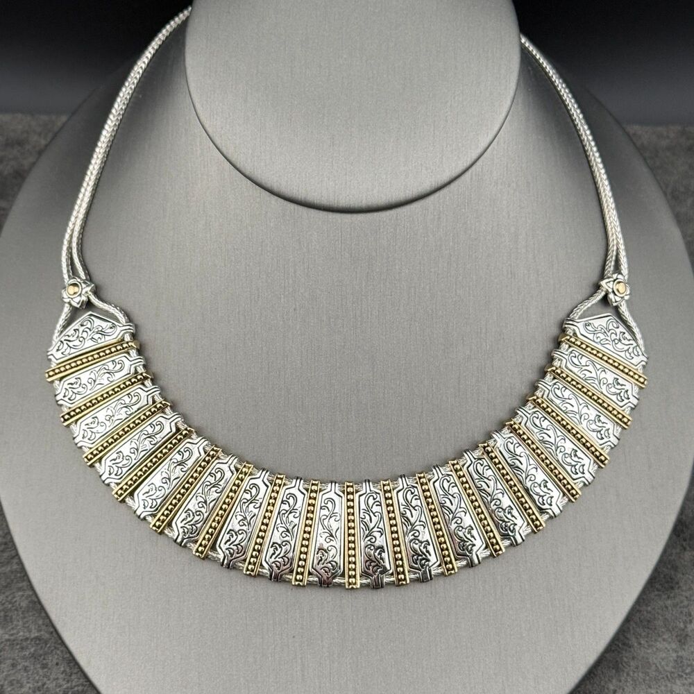Vintage Monet Silver-Gold-Tone Etruscan Style Bib Collar Necklace Boho Tribal